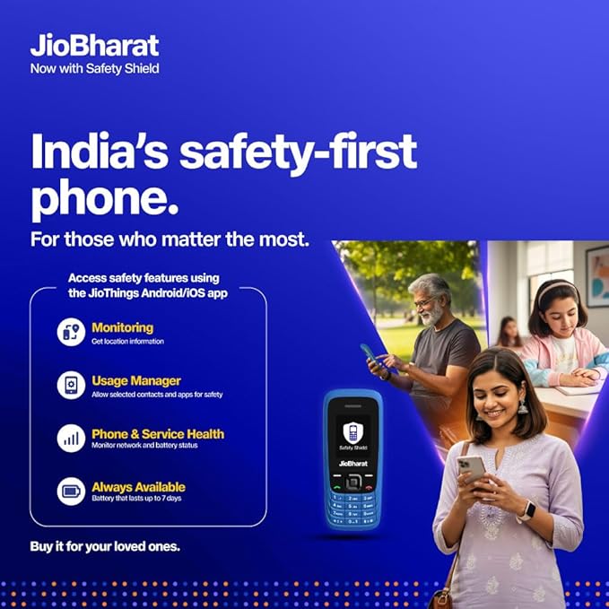 JIO JioBharat V4 4G Keypad Phone with Safety Shield Feature, JioTV, JioHotstar, JioSaavn, JioPay (UPI & SoundPay), LED Torch, Digital Camera, 1000mAh Battery