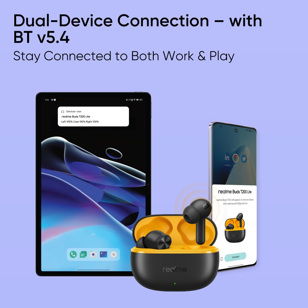 Realme Buds T200 Lite TWS Earbuds with AI ENC, Deep Bass, Low Latency & Fast Charging (Volt Black)